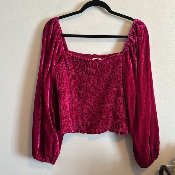 ANTHROPOLOGIE SMOCKED PUFF SLEEVE RASPBERRY VELVET TOP LARGE - Picture 4 of 9